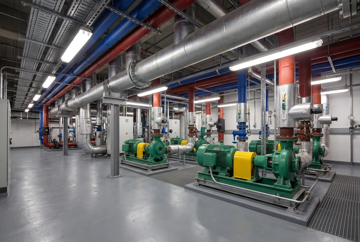 Industrielle Technikzentrale mit Verteilern und Umwälzpumpen
