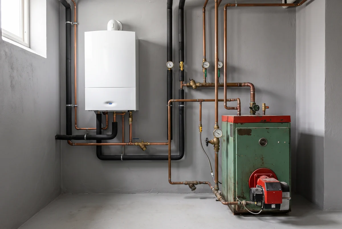 Gas-Brennwertgerät und Ölkessel in einem Heizraum