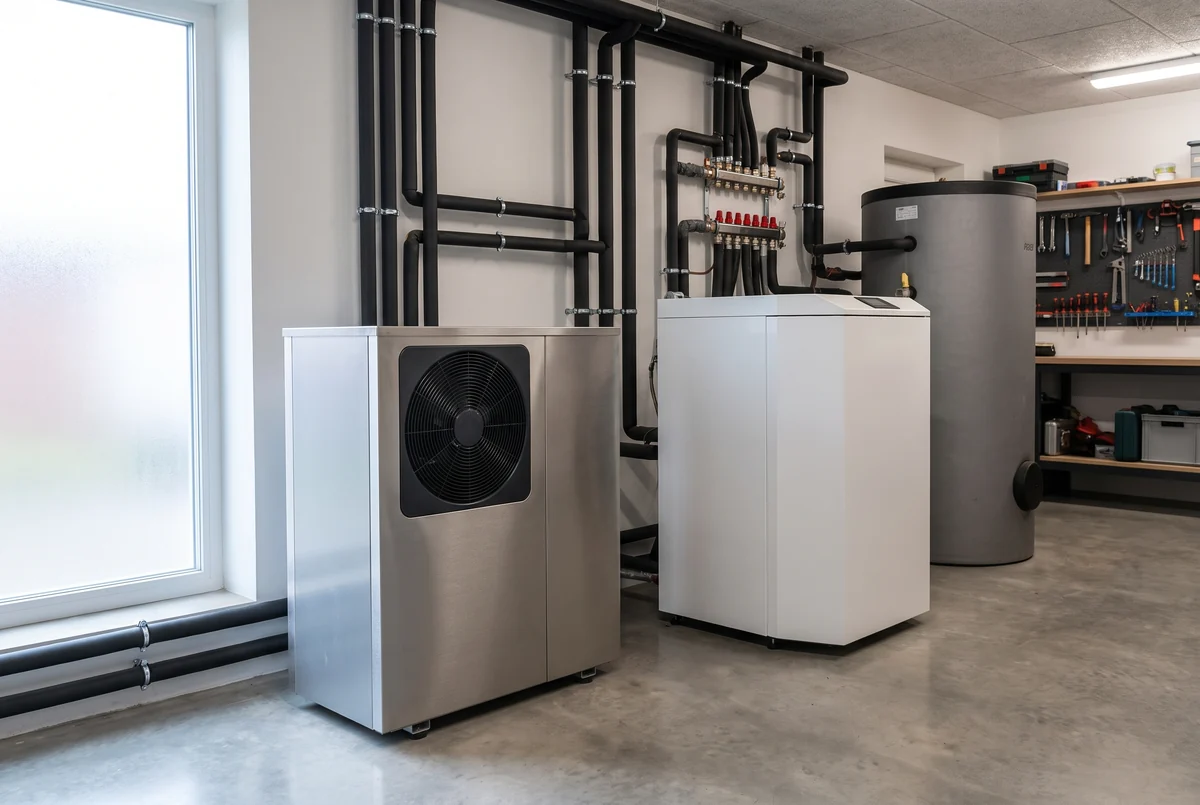 Wärmepumpen-Innengerät und Pelletskessel in einem Technikraum