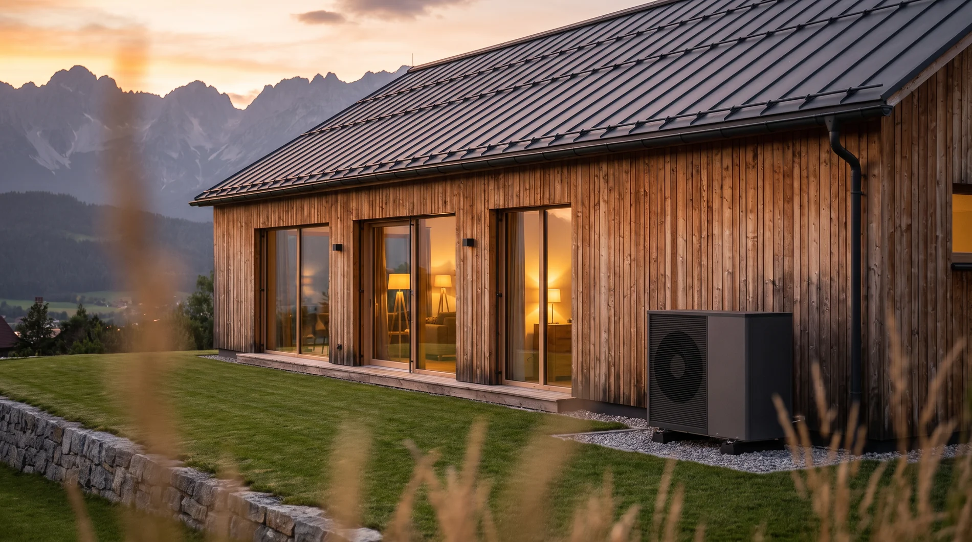 Modernes Einfamilienhaus mit Holzfassade und Wärmepumpe im Abendlicht