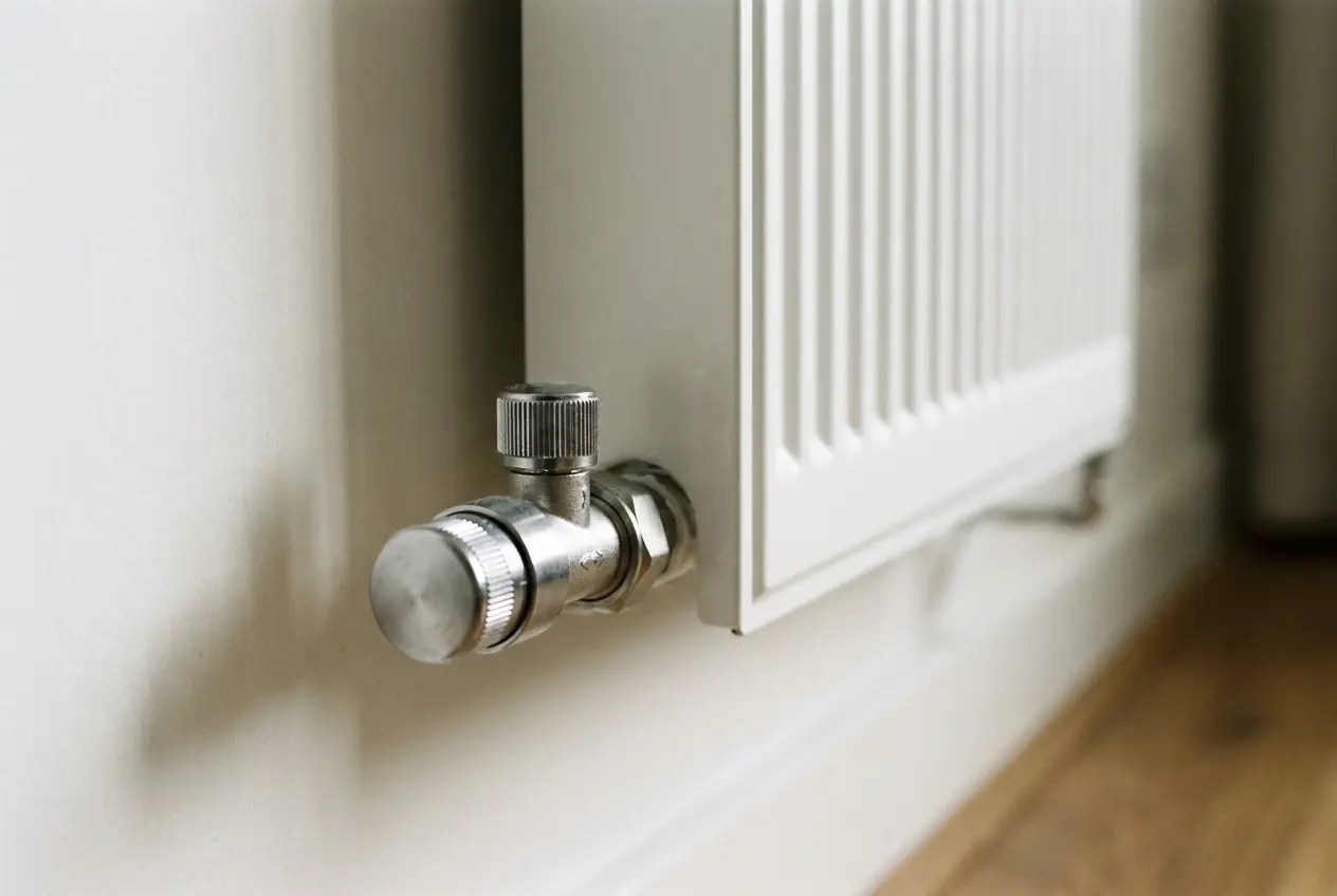 Heizkörper mit Thermostatventil in einem hellen Wohnraum