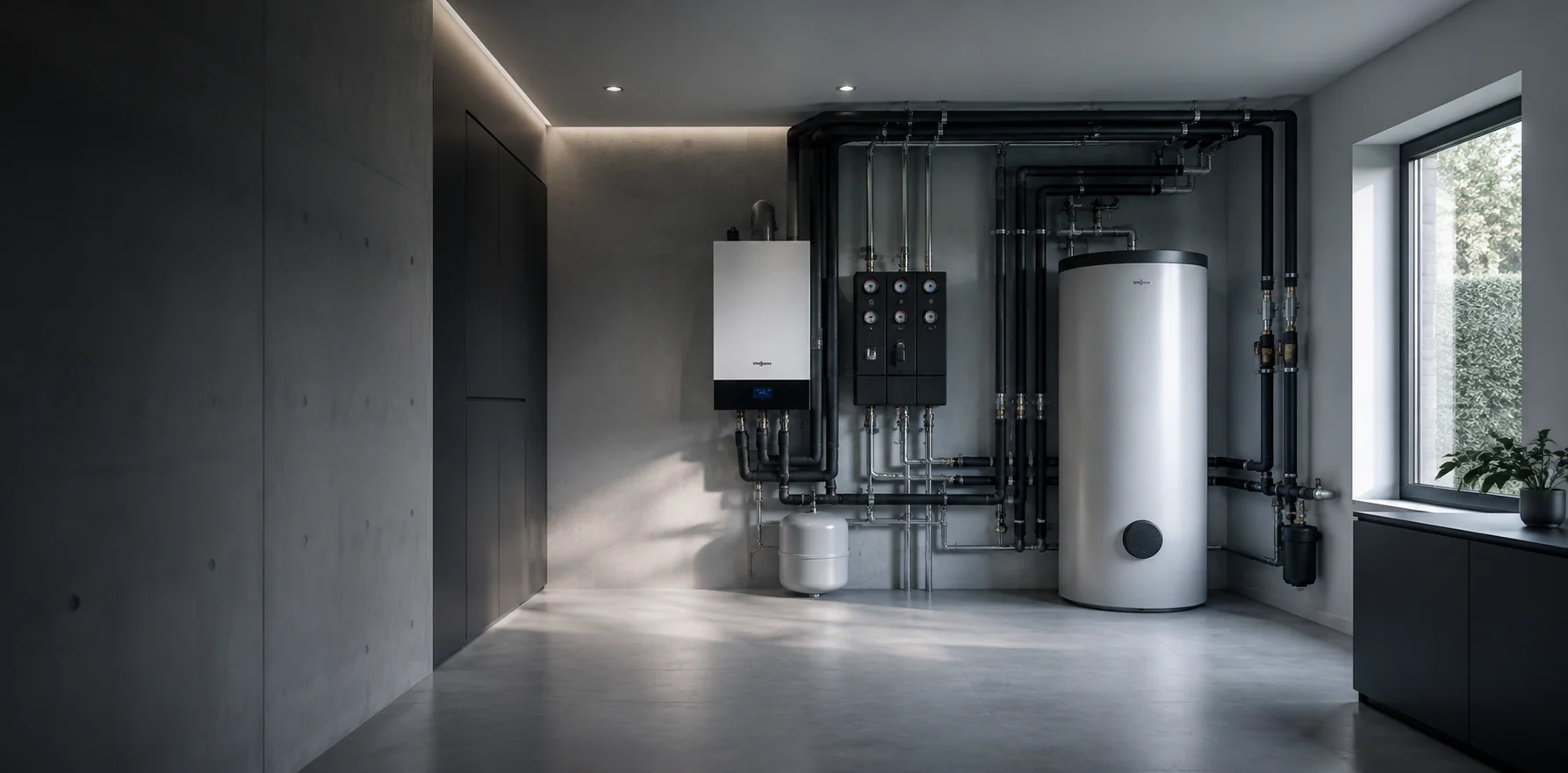 Moderner Heizraum mit Wandtherme, Speicher und gedämmten Verteilleitungen