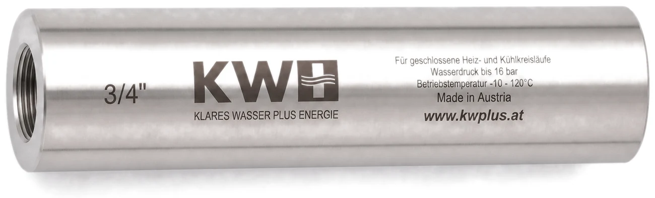 KWplus 3/4 Zoll Heizungswasserstabilisator aus gebürstetem Edelstahl mit Gehäusegravur