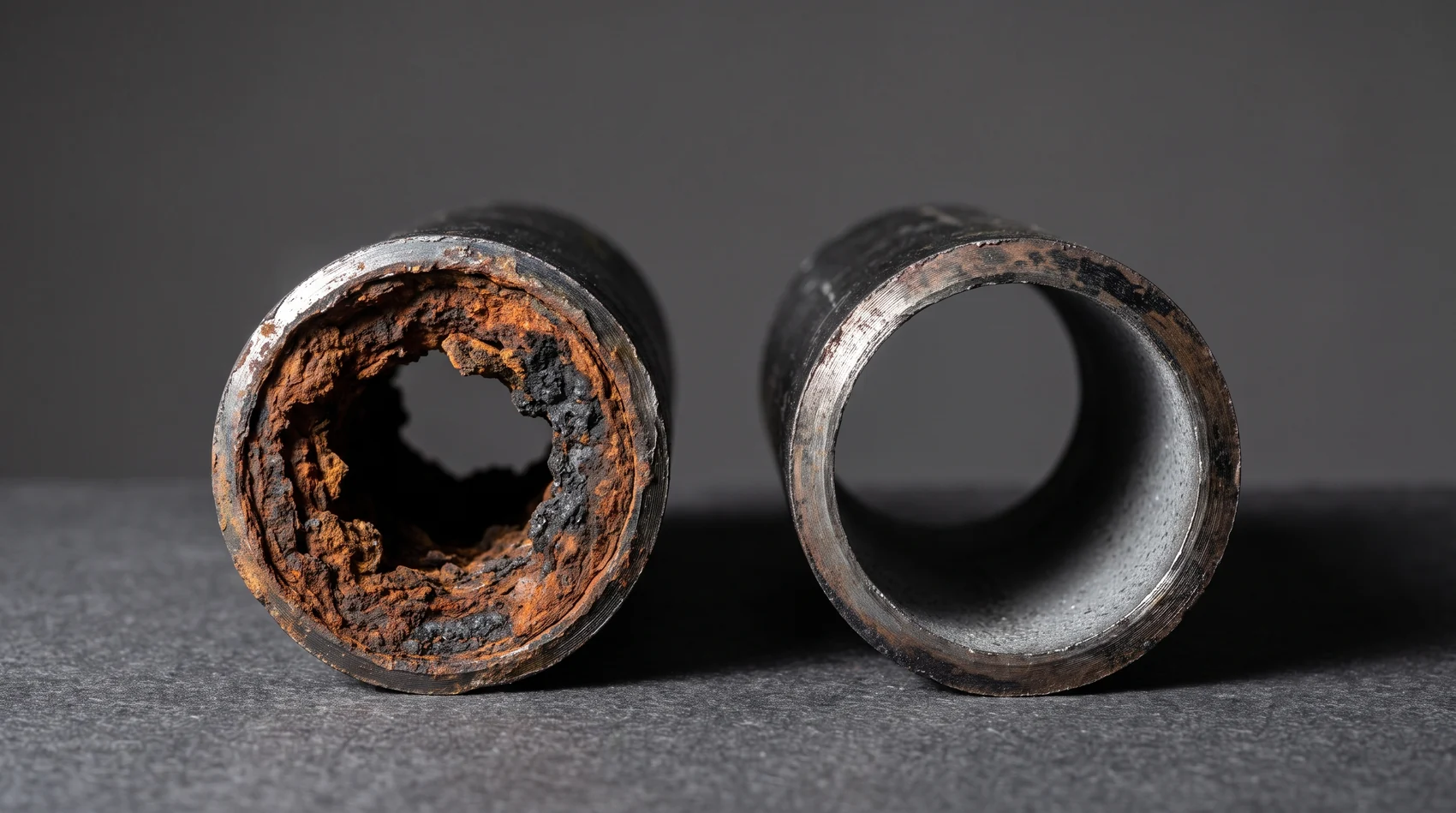 Zwei Rohrabschnitte nebeneinander: links durch Rost und Magnetit stark verengt, rechts mit freiem Querschnitt