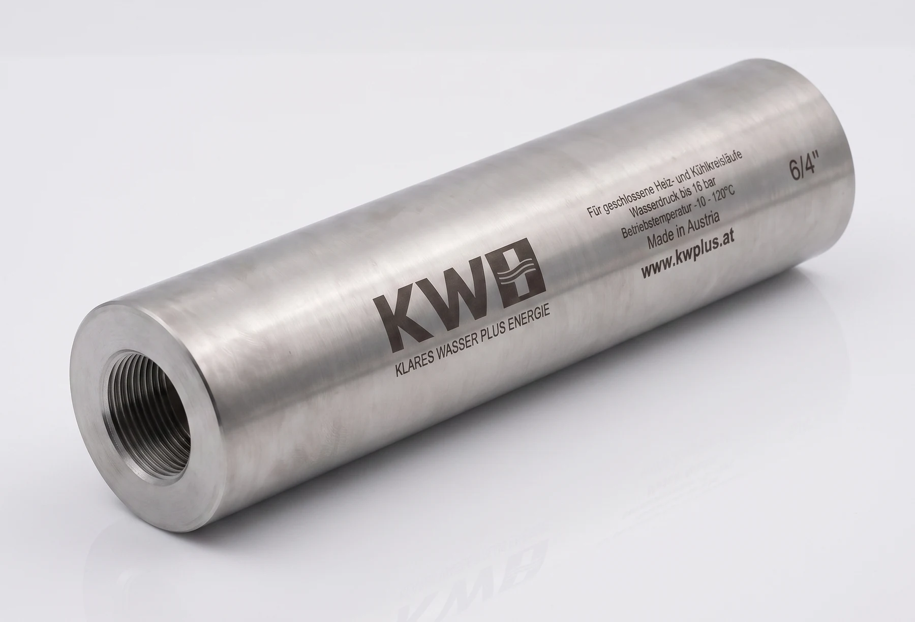 KWplus Heizungswasserstabilisator aus gebürstetem Edelstahl mit Gehäusegravur