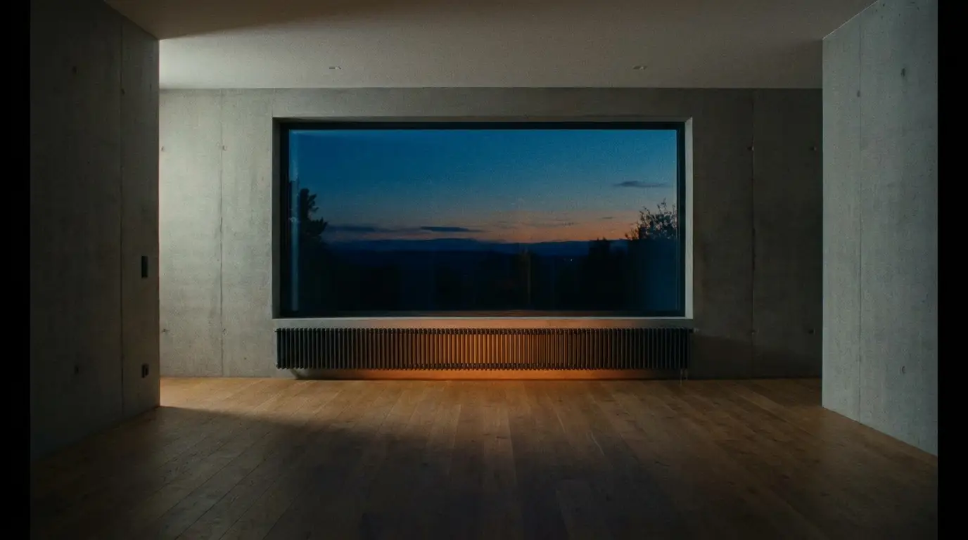 Warmer moderner Wohnraum in der Dämmerung mit Heizkörper unter dem Fenster